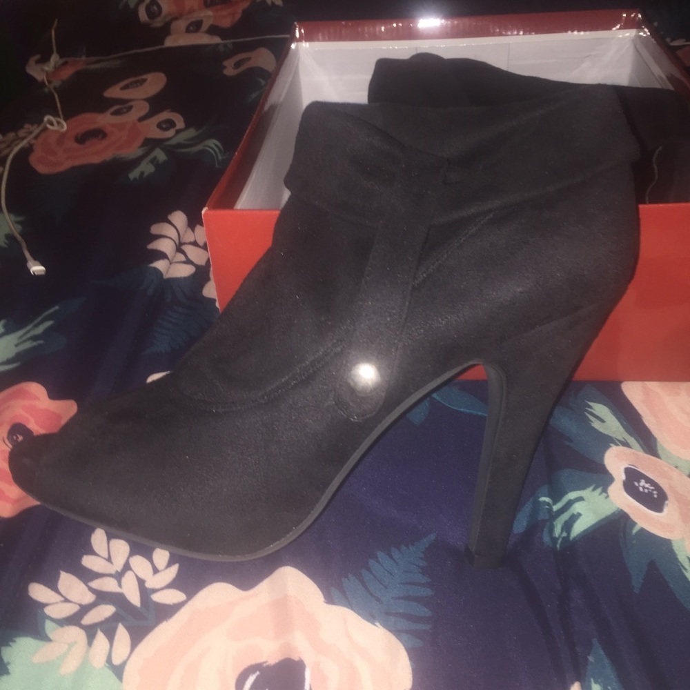 Suede peep toe bootie heels